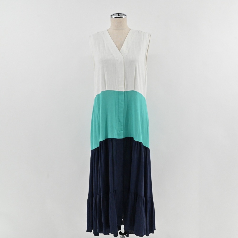Halston Linen Colorblock Tiered Maxi Dress Womens Size S White Blue Sleeveless